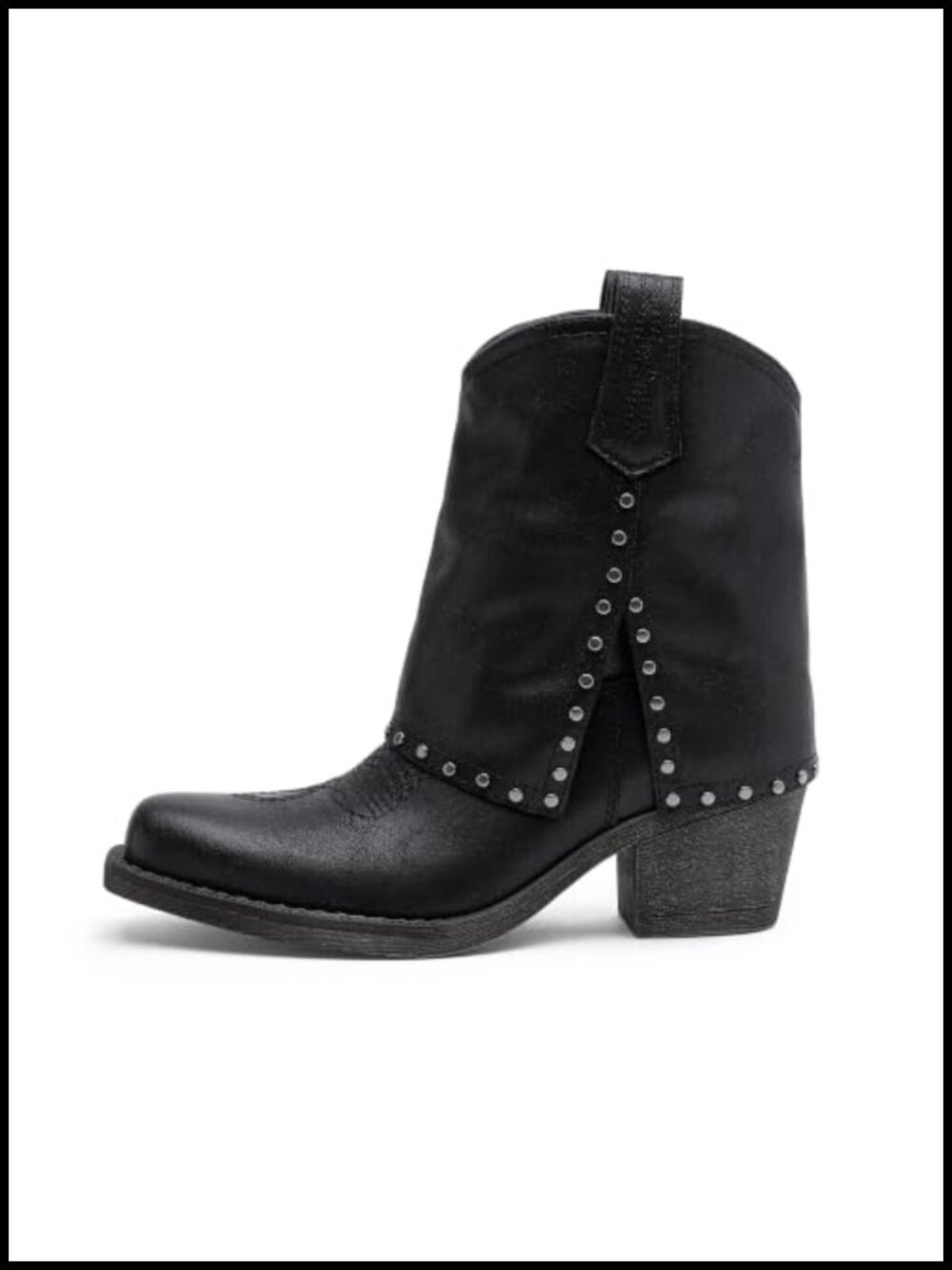 Western Studded Ankle Boots Square Toe Low Block Heel Pull-On